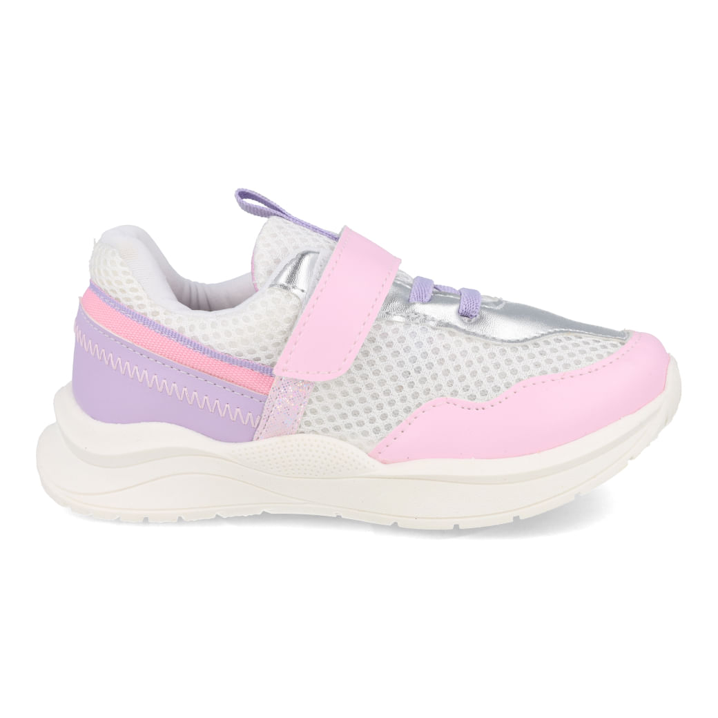 Tênis infantil feminino casual Funfeet branco com detalhes rosa e lilás, vista lateral direita